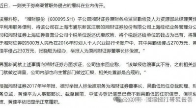 湘财证券董事长举报原财务总监和人力资源总经理职务侵占上海个税返还500万！