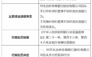 河北沧州农商银行泊头支行被罚20万元：因贷后管理不到位